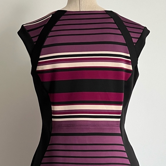 Enfocus Studio -  Burgundy,  Black & Cream Stripped Bodycon Midi Dress - Picture 11 of 13